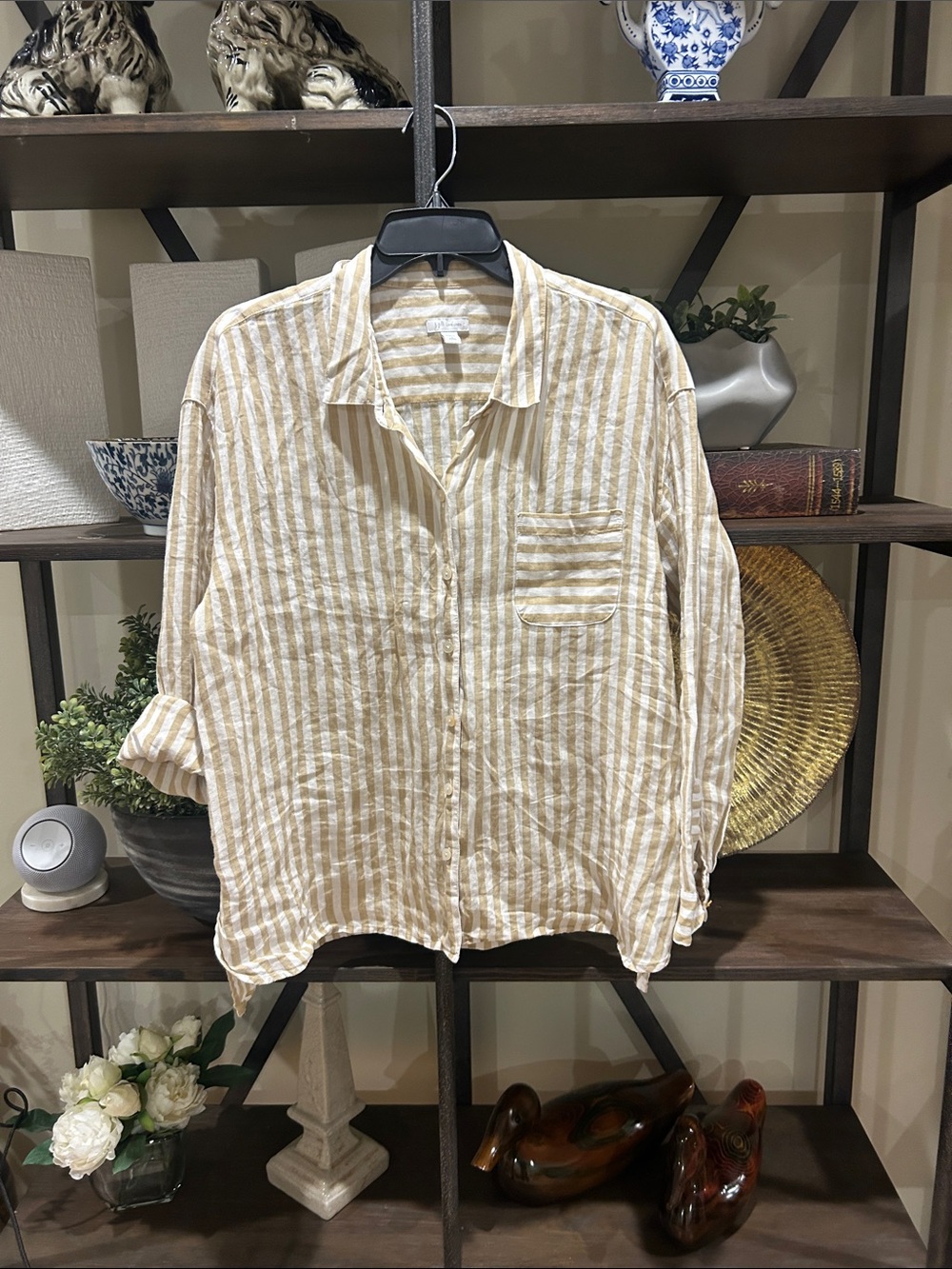 J.Jill large Beige and White Striped Button-Up Shirt